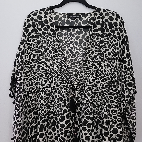Leopard Print Swim Suit Cover Up by Club Z Collection Black Pom Pom Trim Size Me - Picture 2 of 7